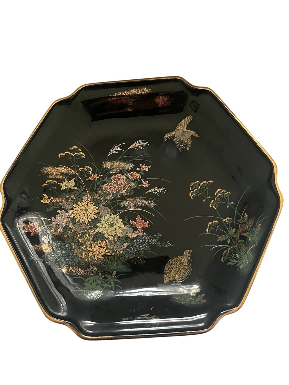 VTG Andrea by Sadek Hand Decorated Oriental Plate w/ Flowers & Quail Gold Trim